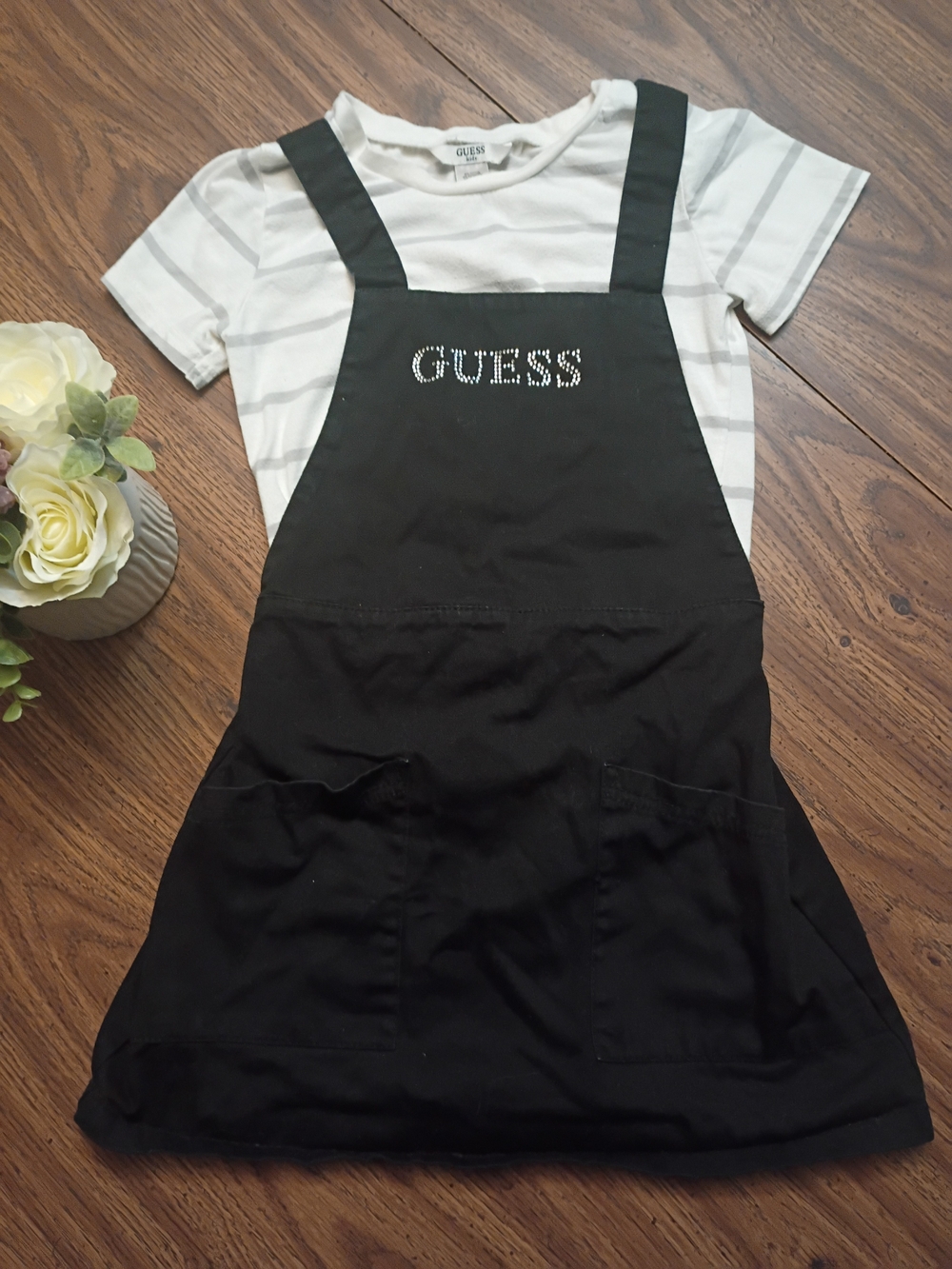 ✨Guess Black Pinafore Dress with White Striped Tee Size Small 7/8